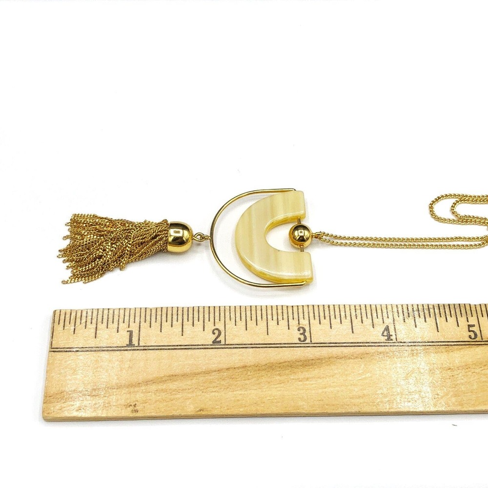 J Crew Pendant Necklace‎ Bead & Tassel Lucite Gold Tone Fringe Long Modern Chain - Picture 8 of 8